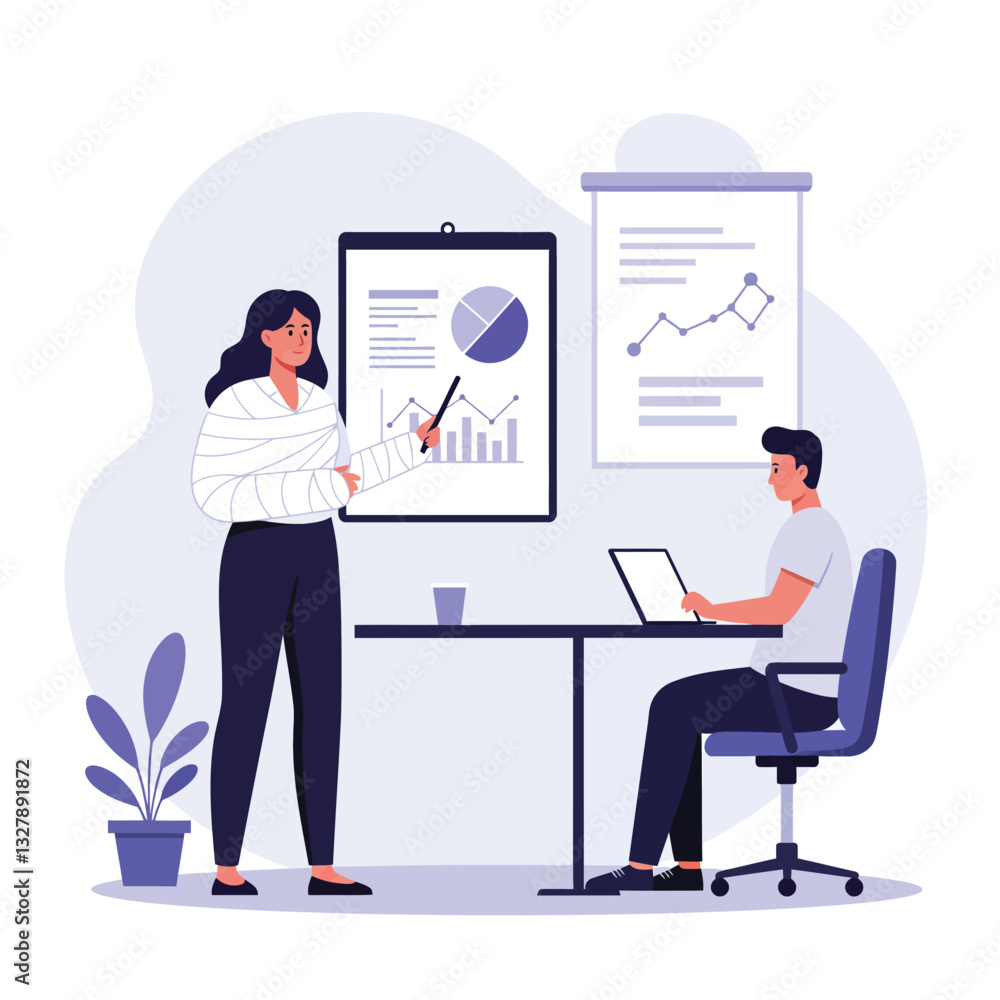 Business presentation scene with flat design elements featuring two professionals in vector art Business presentation scene with flat design elements featuring two professionals in vector art