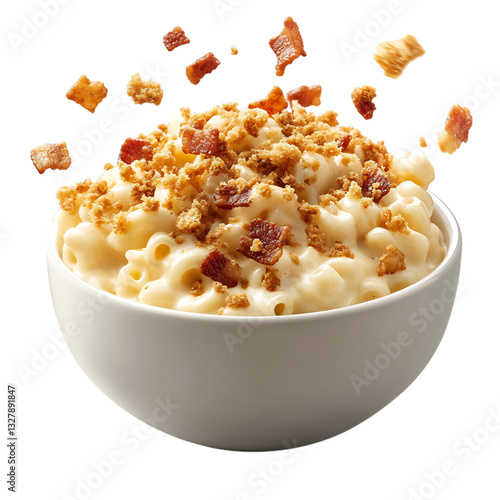 A Creamy Bowl of Mac and Cheese with Crispy Bacon Bits Isolated on Transparent Background
