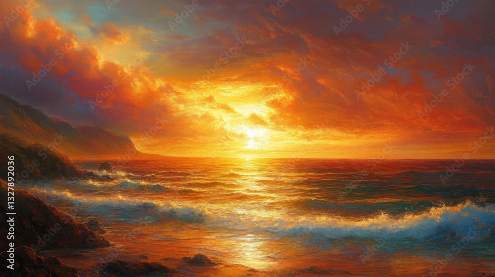 Fototapeta premium Vibrant Orange Sunset Over Ocean Waves
