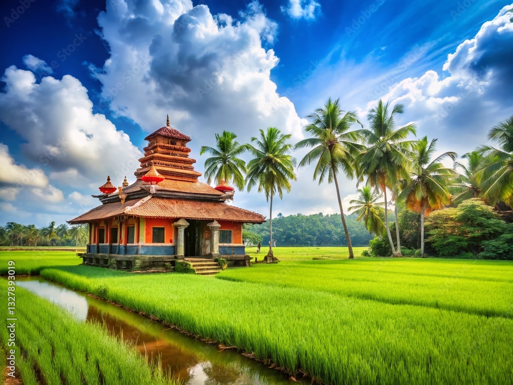 Kerala Village Temple: Serene Rice Paddy Scene, India Kerala Village Temple: Serene Rice Paddy Scene, India