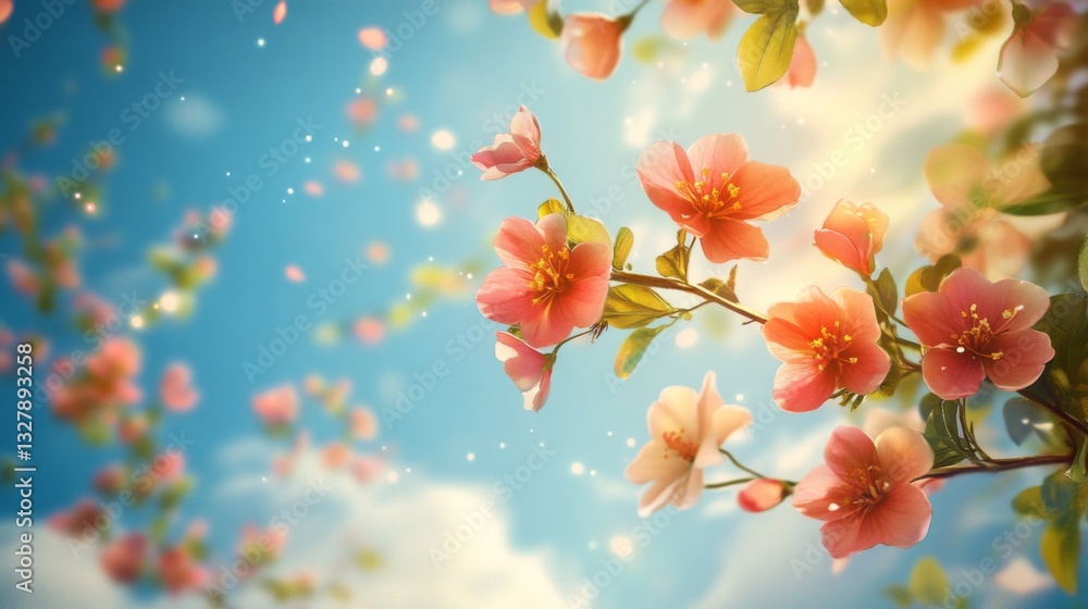 Pink And Orange Flowers Blooming On Branch Against A Bright Sky Pink And Orange Flowers Blooming On Branch Against A Bright Sky