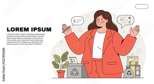 Woman in Red Suit Presenting Ideas in Minimal Vector Illustration