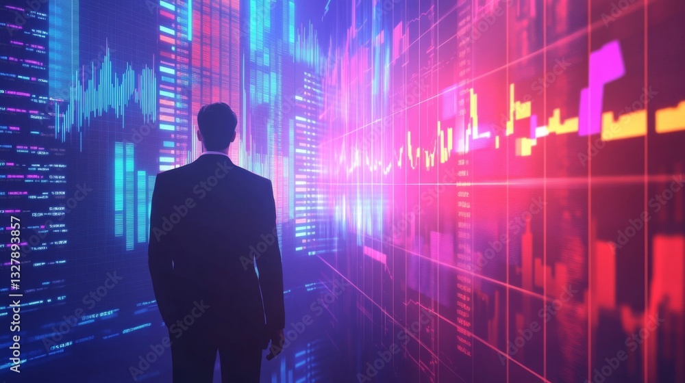 Silhouette of Businessman Amidst Vibrant Data Streams Silhouette of Businessman Amidst Vibrant Data Streams