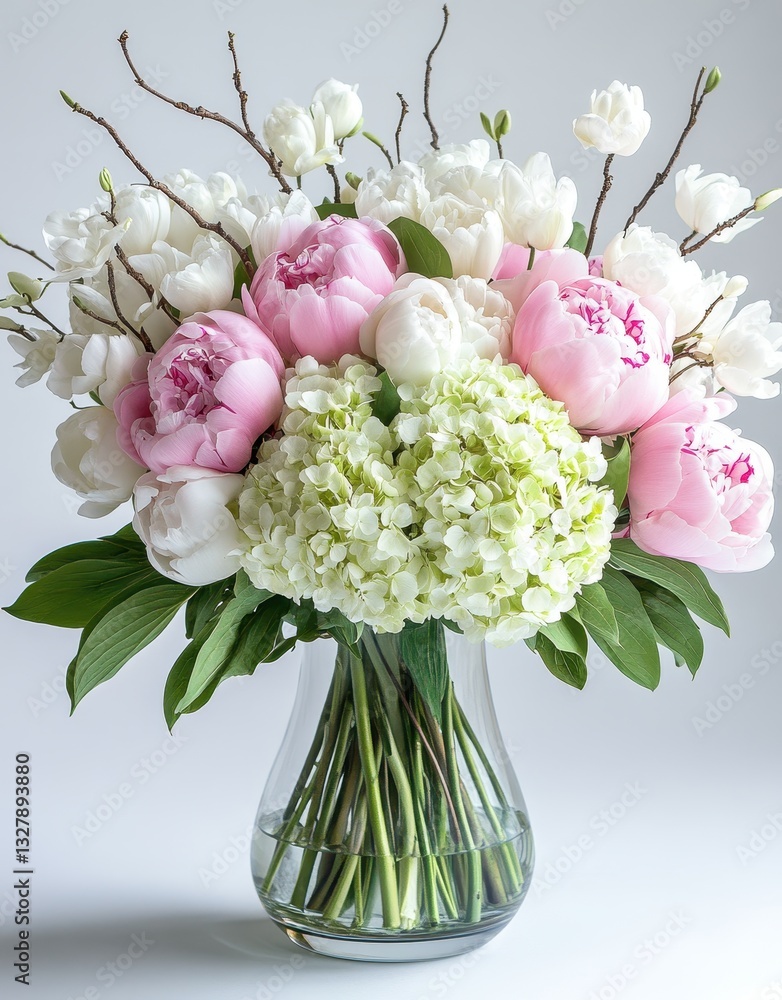 Obraz premium Elegant Floral Arrangement with Pink Peonies, White Tulips, and Green Hydrangeas in a Clear Glass Vase for Home Decor Inspiration