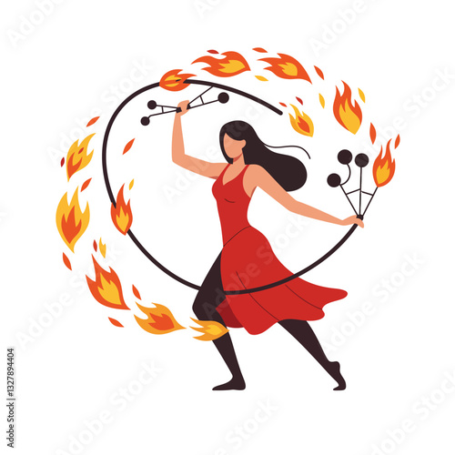 Dynamic fire performer elegantly spinning flames in a vibrant red dress vector art