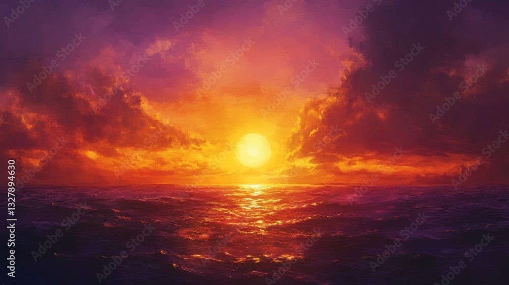 Obraz premium Vibrant Sunset Over the Ocean with Dramatic Clouds