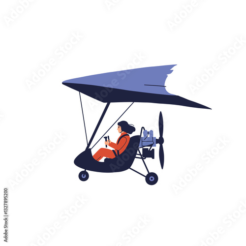 Pilot flying a powered hang glider in flat and minimal vector art