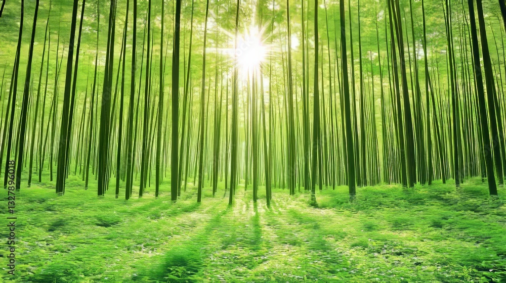 Fototapeta premium Sunlight shines through bamboo forest, green leaves, nature scene