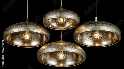 Hanging metal pendant lamps glowing in the dark
