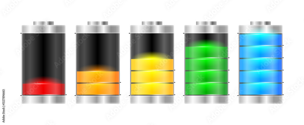 Battery Charge. Full and low power energy level. Recharge battery indicator. Vector illustration. Battery Charge. Full and low power energy level. Recharge battery indicator. Vector illustration.