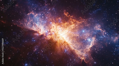 A stunning cosmic scene featuring vibrant colors and swirling gases, depicting the beauty of a galaxy in space.