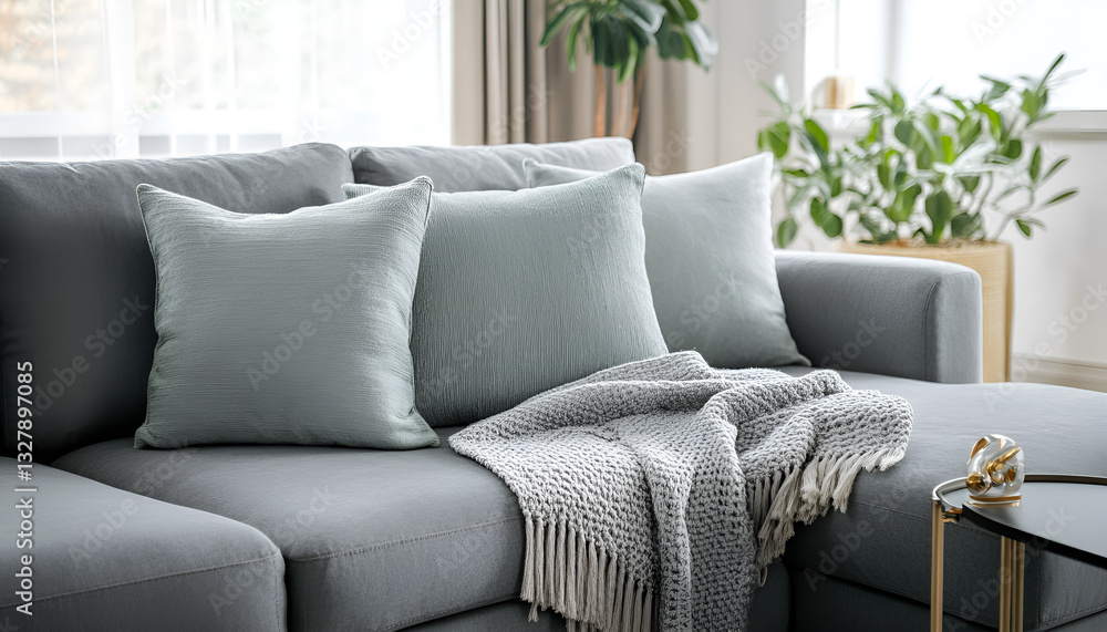 Fototapeta premium Comfortable gray sofa with pillows and blanket in living room. Interior design