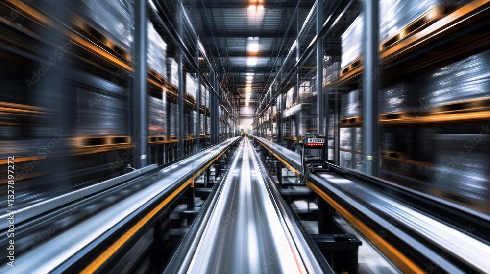 Fototapeta premium Automated Warehouse Conveyor System with Motion Blur