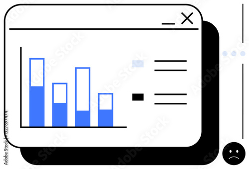 Bar chart window indicating data decline, sad face reaction symbolizing poor performance or feedback. Ideal for business, analytics, feedback, performance review, reporting, finance, flat simple