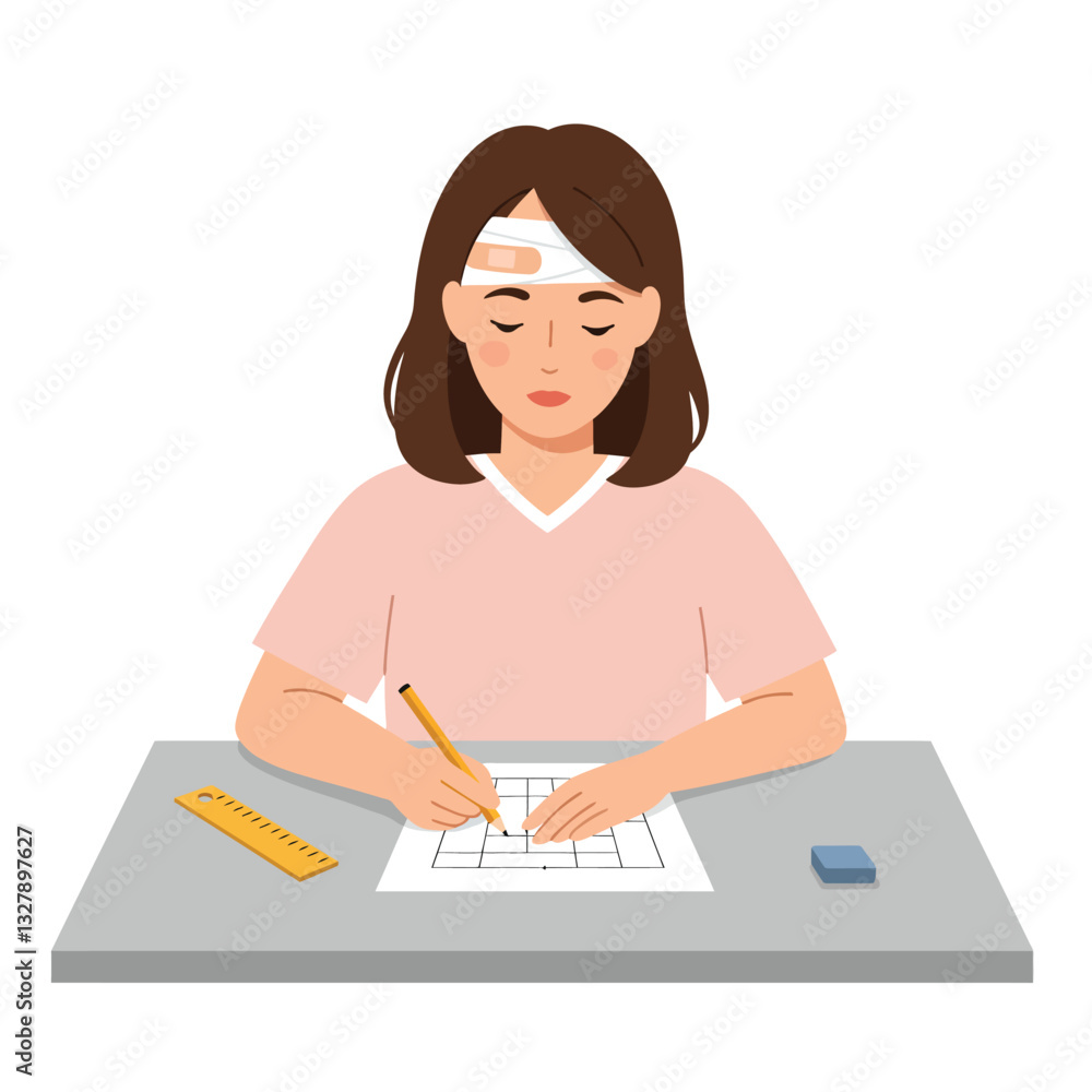 Focused student with a bandage drawing on paper in flat vector art Focused student with a bandage drawing on paper in flat vector art