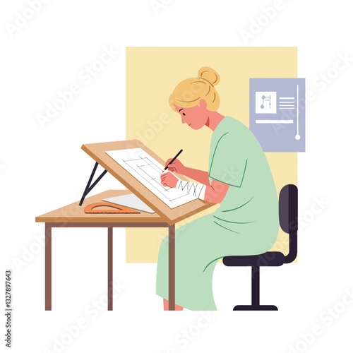 Creative designer working at drafting table in flat minimal vector art