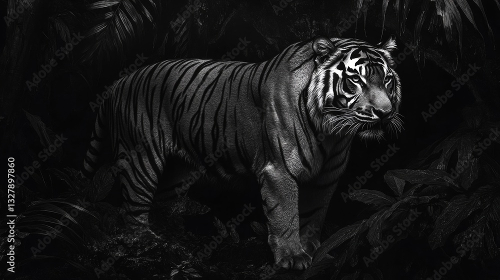 Obraz premium Black And White Tiger In Dark Forest