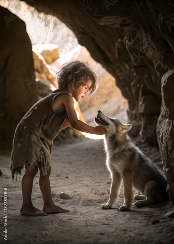 A young child gently touches the head of a playful wolf cub inside a cave, illuminated by warm sunlight filtering through the entrance. wolf and dog domestication - Generative AI.