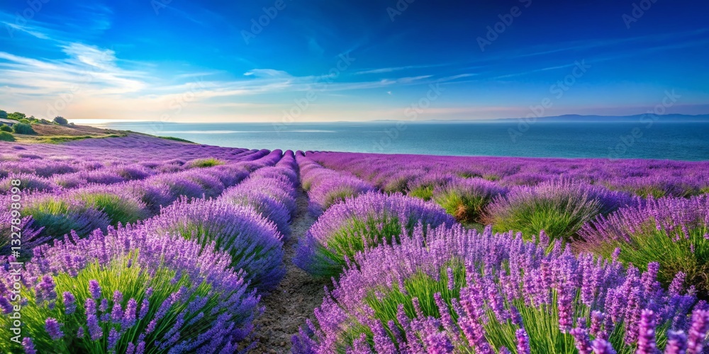 Naklejka premium Lavender Field Ocean View: Stunning Coastal Purple Flowers