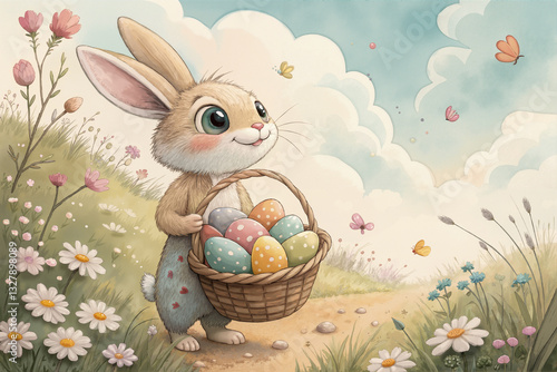 A cheerful rabbit strolls through a vibrant meadow filled with flowers, joyfully holding a basket of decorated eggs, surrounded by butterflies. Generative AI.