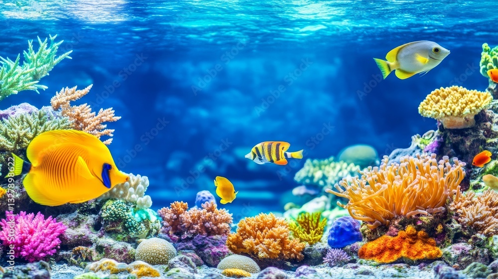 Naklejka premium Colorful fish swimming amongst vibrant coral in a serene underwater scene