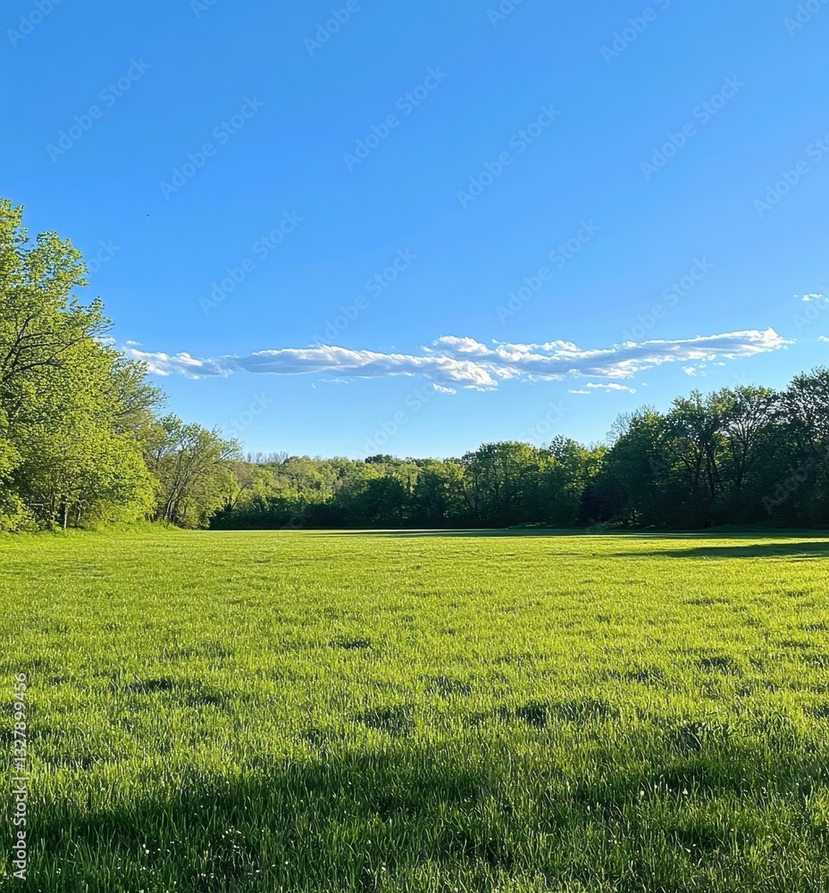 Obraz premium Expansive Green Field Under Clear Blue Sky Surrounded by Lush Trees and Soft Clouds in Tranquil Nature Setting