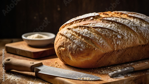 Close-Up of Freshly Baked Sourdough Loaf with Crispy Golden Crust on Wooden Cutting Board
