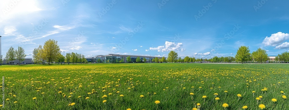 Fototapeta premium Expansive Green Field with Vibrant Dandelions under a Clear Blue Sky and Gentle Clouds in a Tranquil Nature Setting for Relaxation and Enjoyment