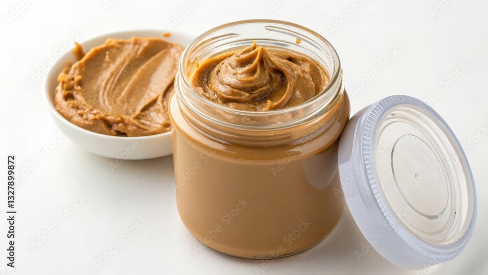 Peanut Butter in Jar and Bowl on White Background Peanut Butter in Jar and Bowl on White Background