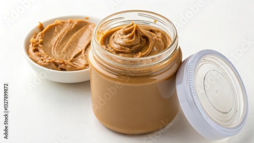 Peanut Butter in Jar and Bowl on White Background