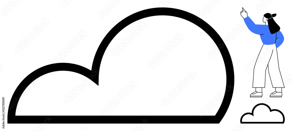 Woman pointing toward a large cloud shape, symbolizing technology, storage, communication. Ideal for cloud computing, data, internet, innovation technology creativity networking. Flat simple Woman pointing toward a large cloud shape, symbolizing technology, storage, communication. Ideal for cloud computing, data, internet, innovation technology creativity networking. Flat simple