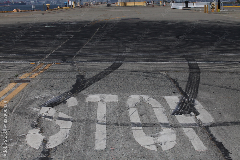 Cracked asphalt road with a large white stop sign and tire skid marks at an urban intersection emphasizing traffic safety and road conditions