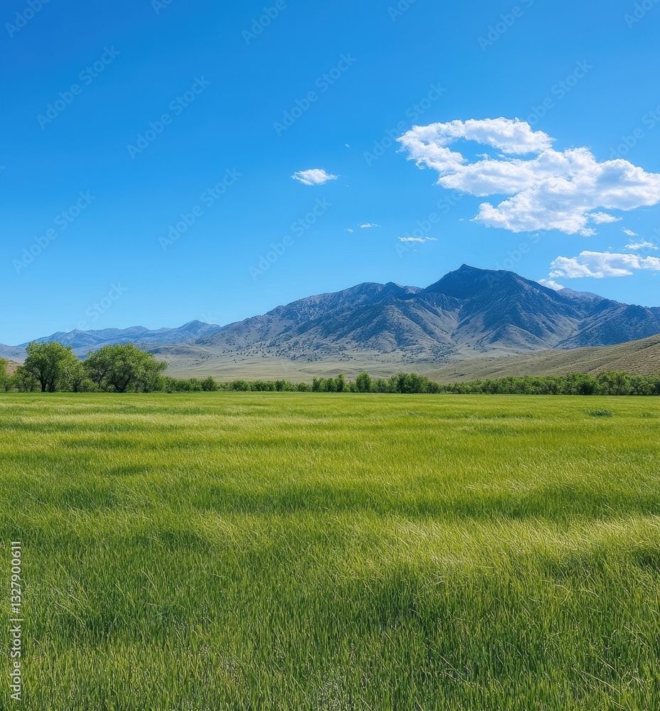 Fototapeta premium Expansive Green Meadow with Majestic Mountain Landscape Under Clear Blue Sky and Fluffy White Clouds in Natural Setting