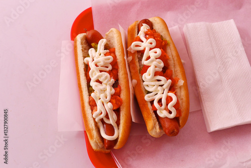  hotdogs mayo fun food tray paper natural photo