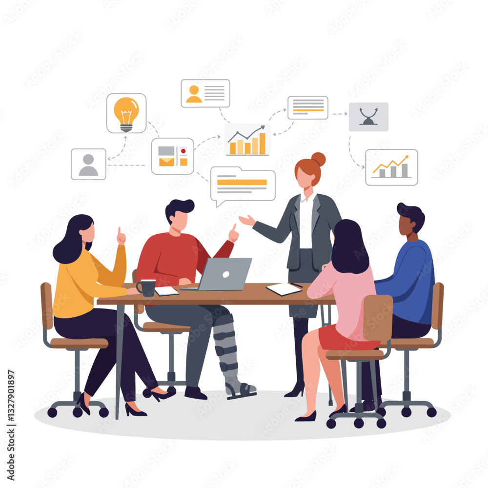 Business team discussing strategies with charts in flat vector illustration Business team discussing strategies with charts in flat vector illustration