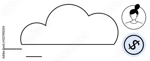 Minimalist cloud with lines indicating movement, user avatar, and dollar sign inside a circle. Ideal for digital storage, user account, online subscription, internet service, cloud computing, data