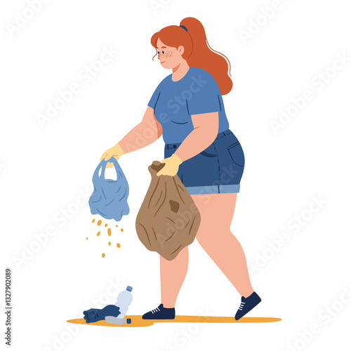 Woman collecting trash in casual clothing with flat design style vector art
