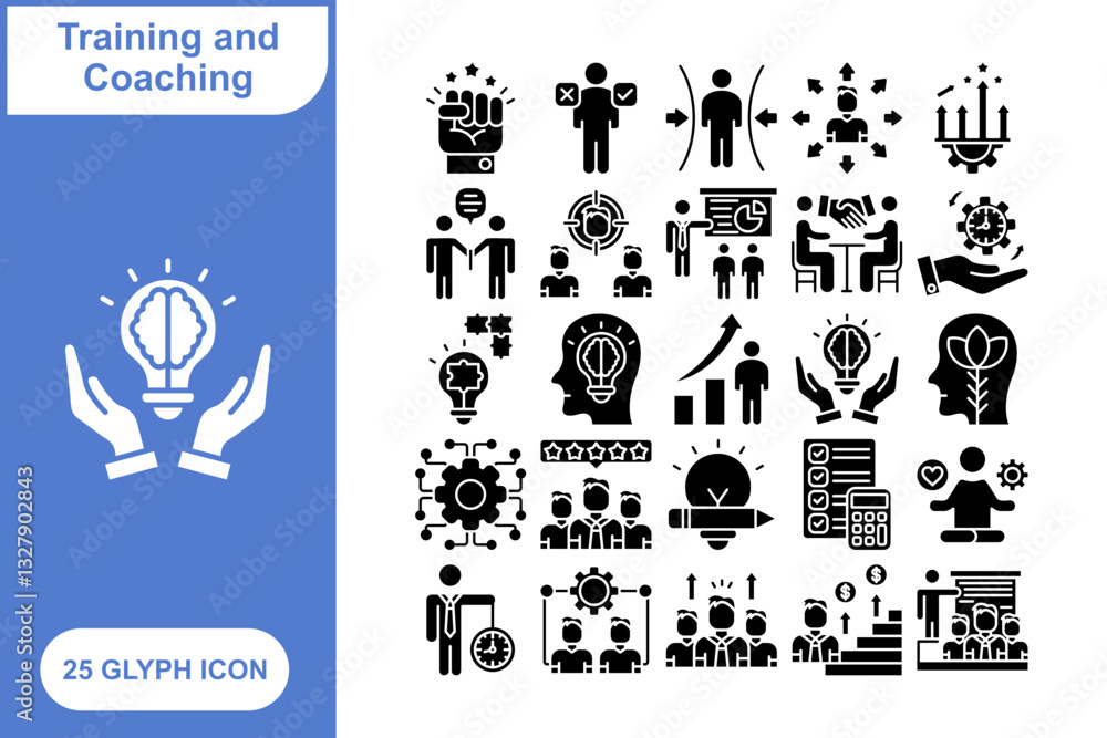 Fototapeta premium Training and Coaching Glyph Icon Set, collection of 25 Training and Coaching Glyph Icon Set – 25 Skill, Learning, and Development Icons