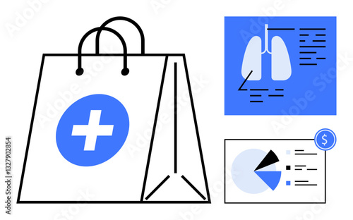 Healthcare bag highlights medical care and cost analysis with lungs diagram and pie chart. Ideal for healthcare, medicine, research, analysis, cost, finance, treatment. Flat simple metaphor