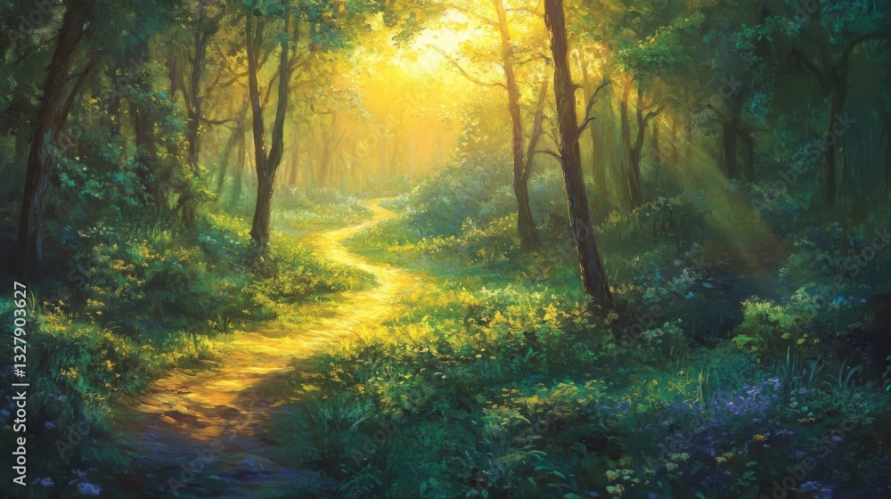 Fototapeta premium Sunlit Path Through Lush Green Forest