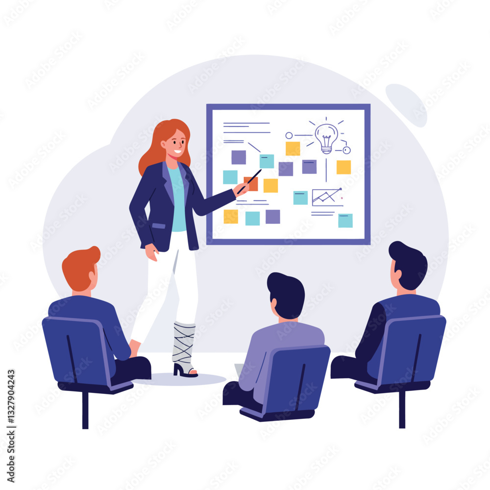 Business presentation scene with a speaker and audience in flat vector art Business presentation scene with a speaker and audience in flat vector art