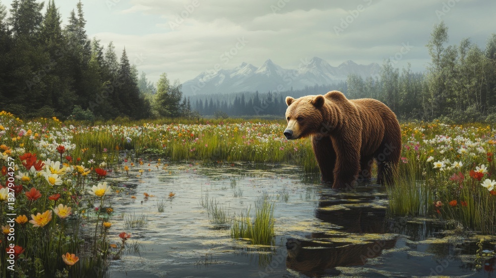Grizzly Bear in a Vibrant Wildflower Meadow with Mountain Background Grizzly Bear in a Vibrant Wildflower Meadow with Mountain Background