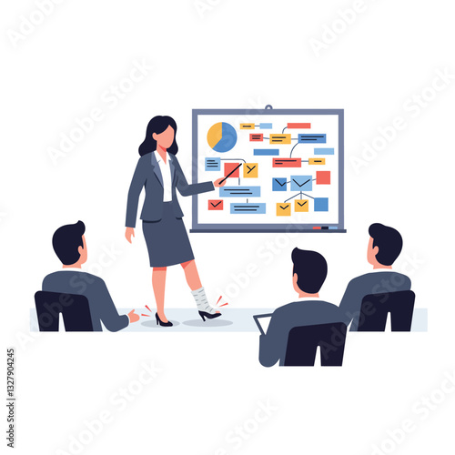 Business presentation with a confident woman explaining concepts in flat vector art