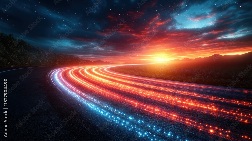 Winding road at sunset with vibrant light trails Winding road at sunset with vibrant light trails