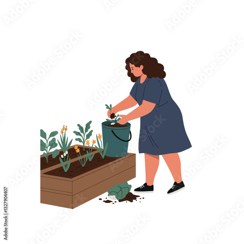 Woman tending to garden plants in flat style vector art