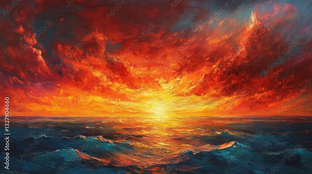 Fototapeta premium Fiery Sunset Over Ocean Waves Painting