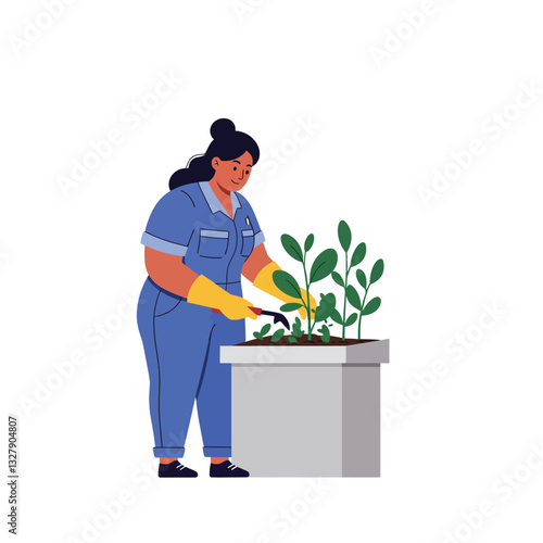 Gardener tending to plants with tools in flat vector art style