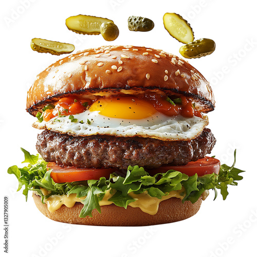 Juicy Burger with Egg Cheese Lettuce Tomato and Pickles Isolated on Transparent Background