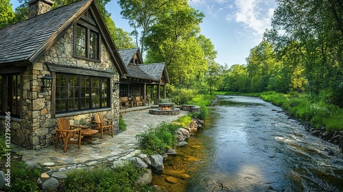 A stone cabin beside a river with lush surrounding greenery