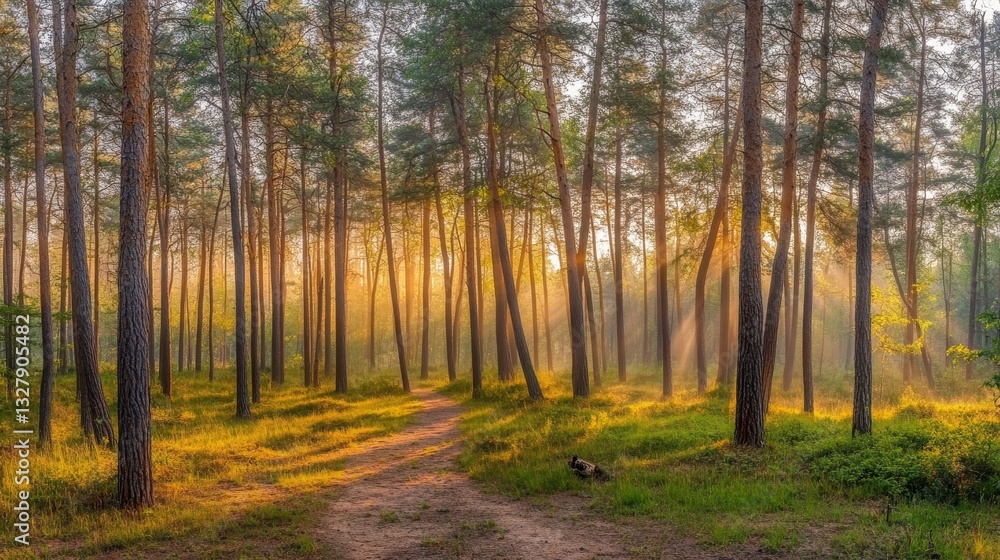 Fototapeta premium Sunlight streams through trees on a path in a lush forest